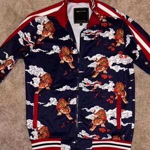 Reason Blue and Red Bomber Jacket with Tiger Design
